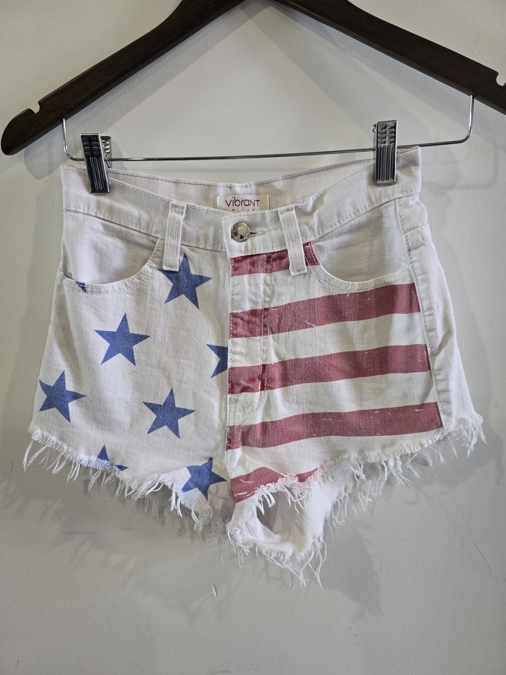 Vibrant MIU Women's White Denim Shorts with American Flag Stars & Stripes